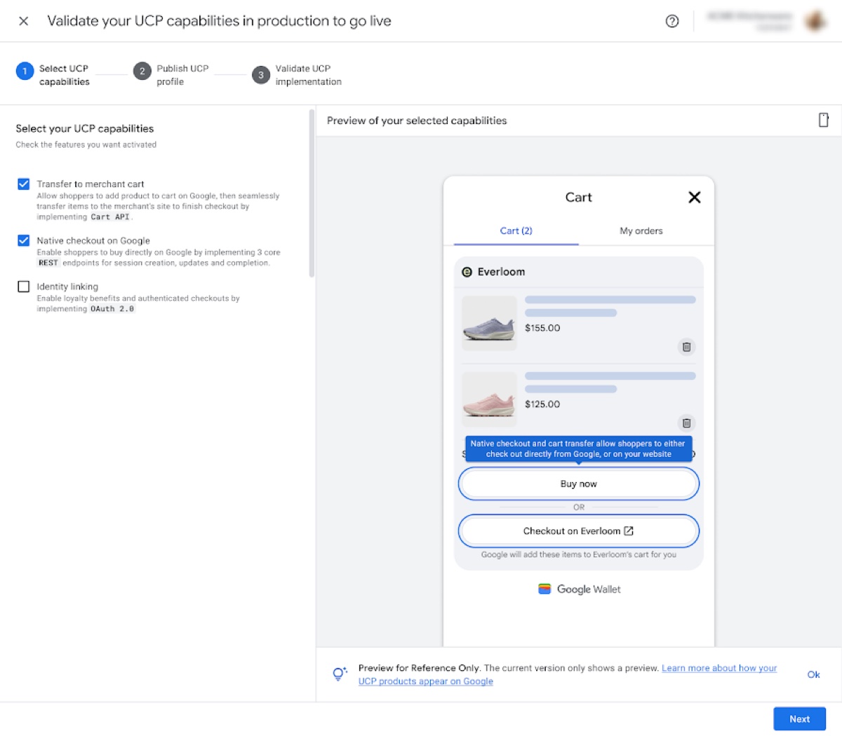 Google Merchant Center screen titled Validate your UCP capabilities in production to go live, with options for cart transfer, native checkout and identity linking, and a preview cart with Buy now and Checkout on Everloom buttons