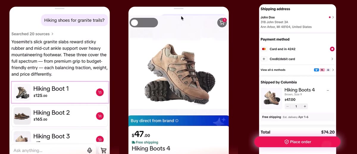 Three frames from TikTok's demo video: an AI assistant recommending hiking boots, a boot with a Buy direct from brand banner, and an in-app checkout with a Place order button