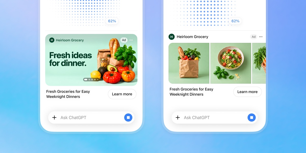 Two ChatGPT phone screens showing a mock Heirloom Grocery image ad with a Learn more button below an image being generated