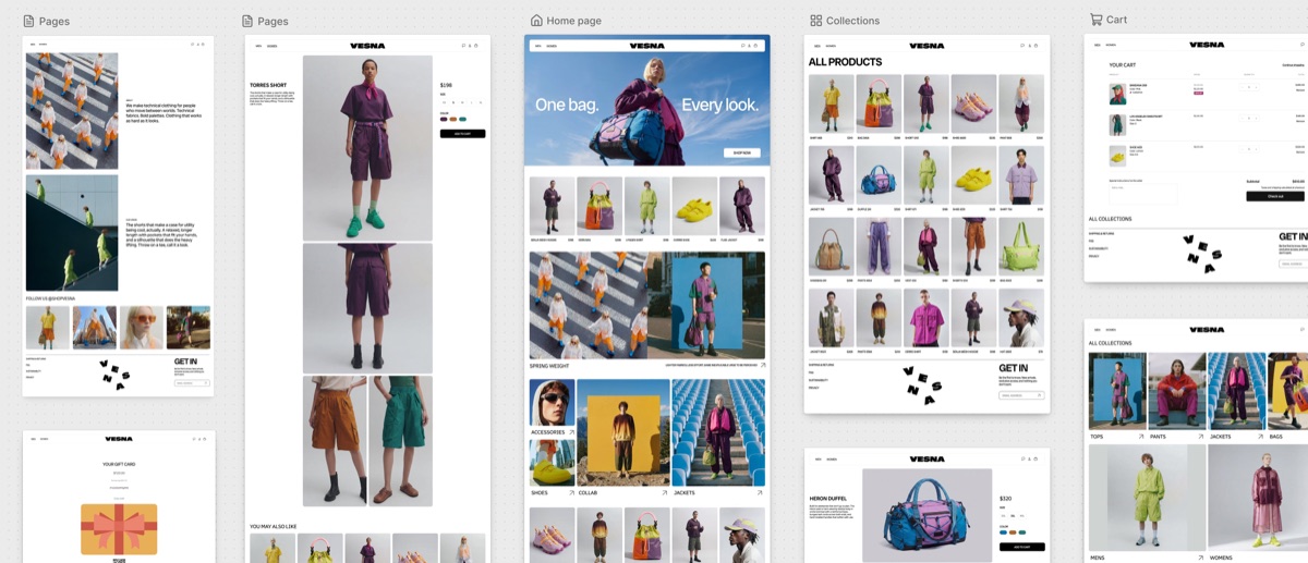 Shopify Canvas showing a demo store's pages, home page, collections and cart laid out side by side on one workspace