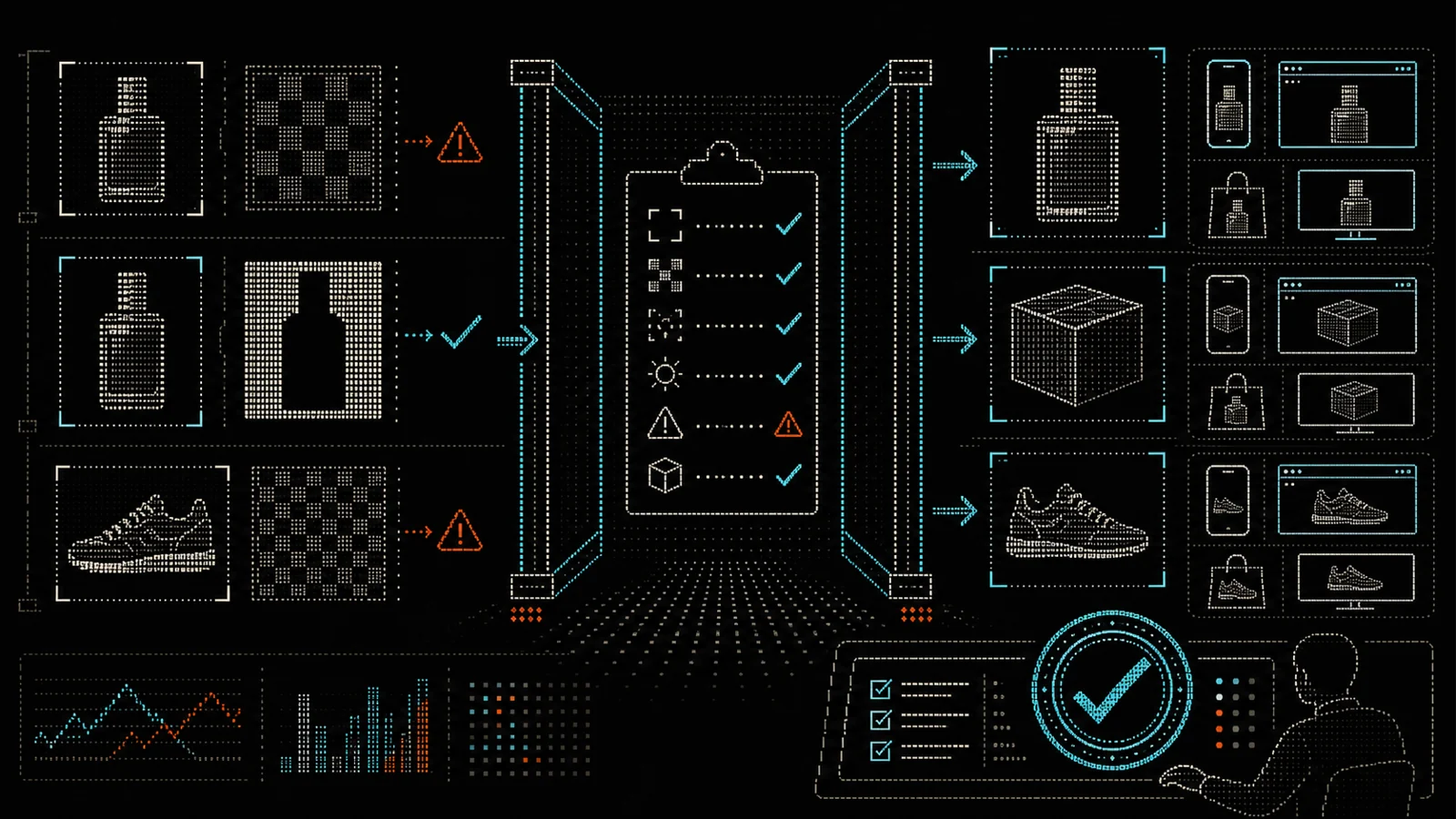 ASCII-art product photography variants moving through visual QA approval gates