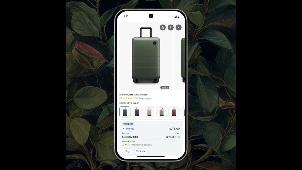 Still from Shopify's video: a Google AI Mode product card for a Monos carry-on suitcase with Buy and Visit site buttons