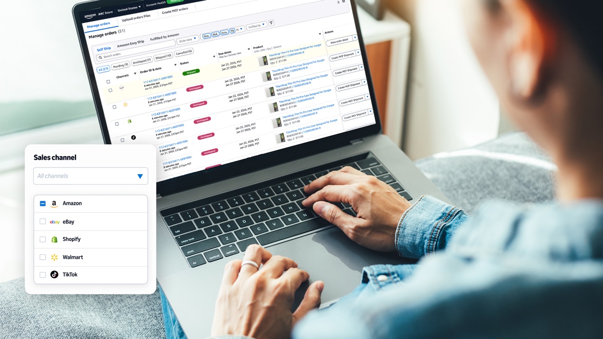 Amazon Seller Central's order list with a sales channel filter for Amazon, eBay, Shopify, Walmart and TikTok