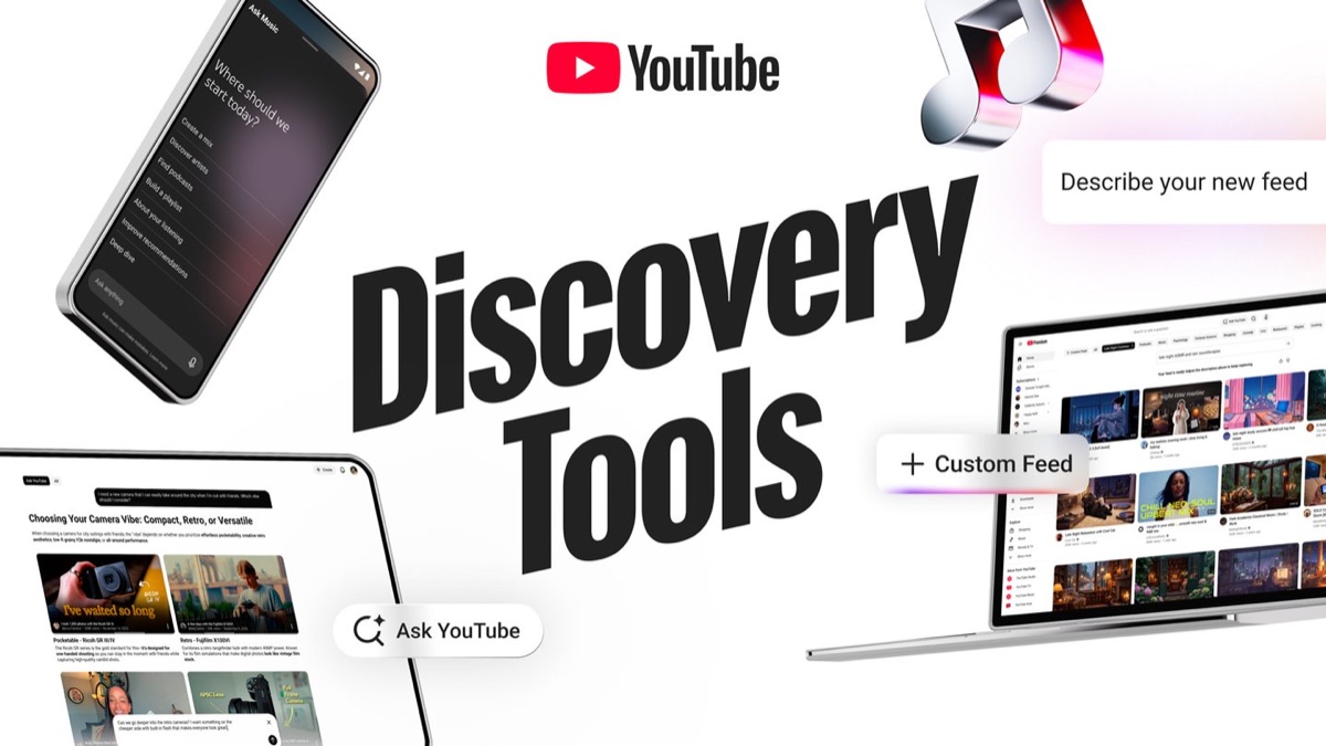YouTube's Discovery Tools artwork showing Ask YouTube comparing cameras on a tablet